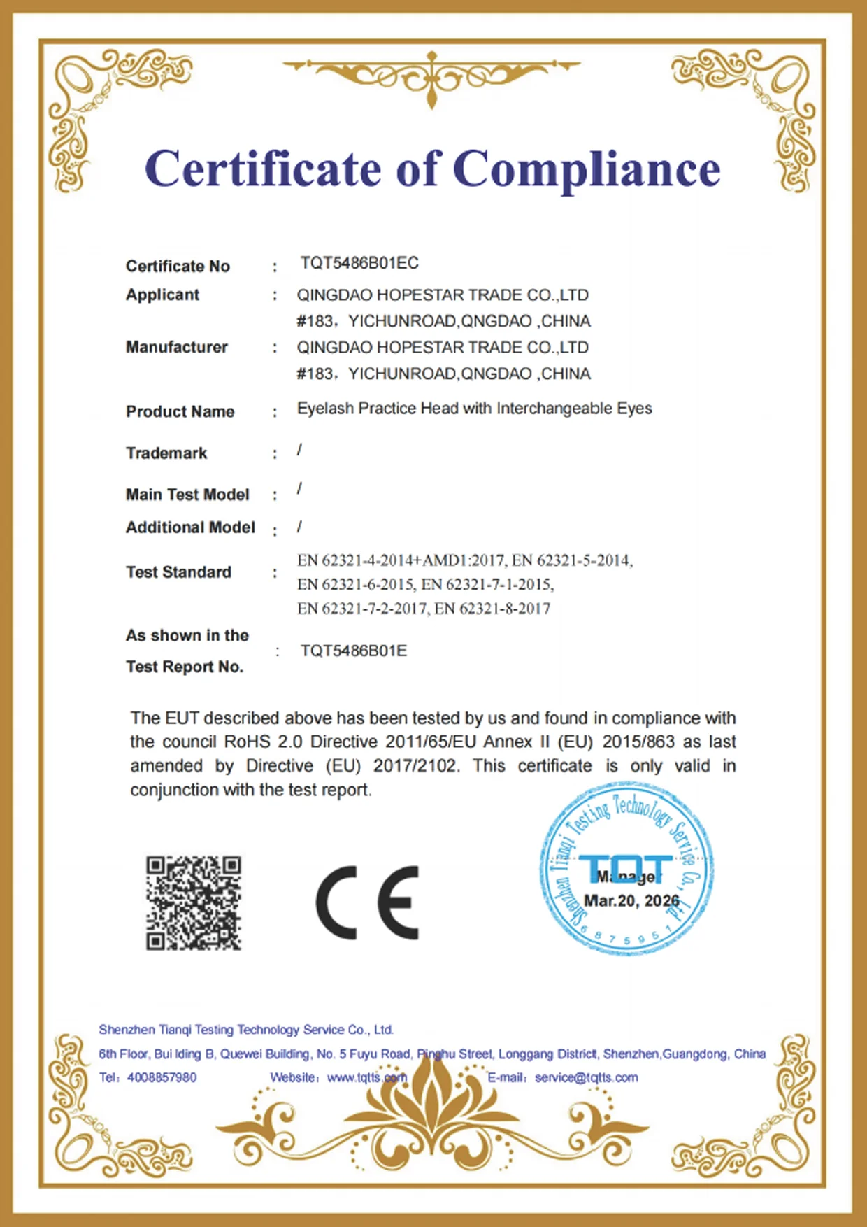 Certificado CE LashPlus para a cabeça de treino de cílios